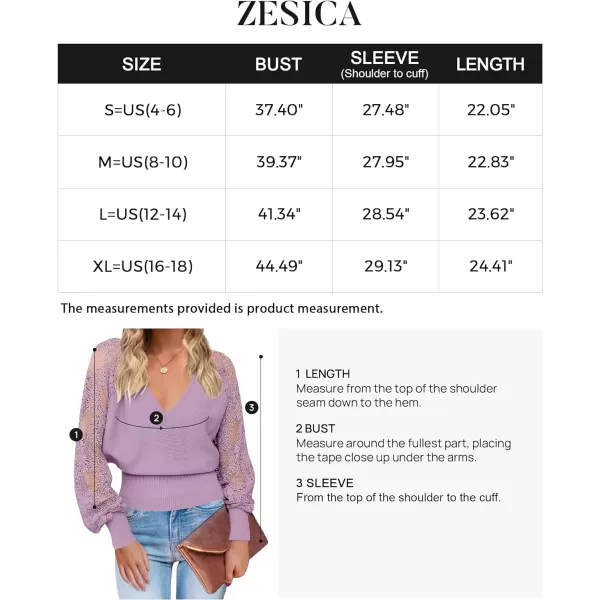 imageZESICA Womens 2024 Fall V Neck Lace Patchwork Solid Color Long Sleeve Casual Knit Pullover Sweater TopsPurple