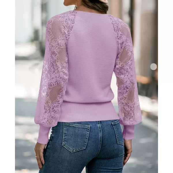 imageZESICA Womens 2024 Fall V Neck Lace Patchwork Solid Color Long Sleeve Casual Knit Pullover Sweater TopsPurple