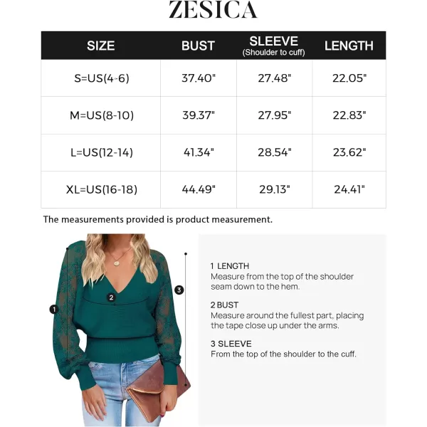 imageZESICA Womens 2024 Fall V Neck Lace Patchwork Solid Color Long Sleeve Casual Knit Pullover Sweater TopsTeal