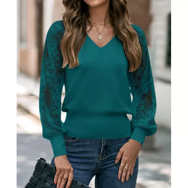 imageZESICA Womens 2024 Fall V Neck Lace Patchwork Solid Color Long Sleeve Casual Knit Pullover Sweater TopsTeal