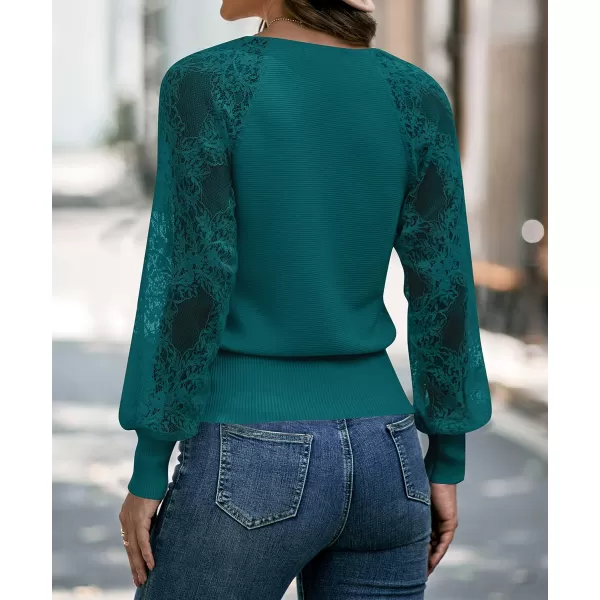 imageZESICA Womens 2024 Fall V Neck Lace Patchwork Solid Color Long Sleeve Casual Knit Pullover Sweater TopsTeal