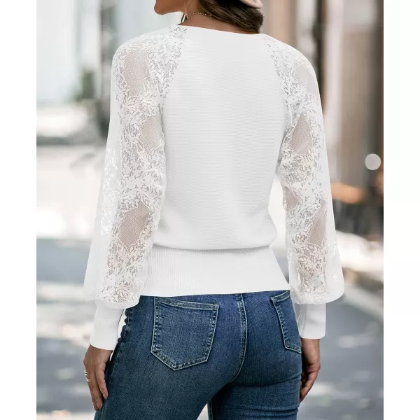 imageZESICA Womens 2024 Fall V Neck Lace Patchwork Solid Color Long Sleeve Casual Knit Pullover Sweater TopsWhite