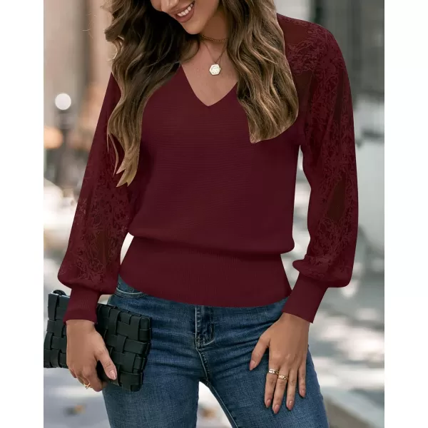 imageZESICA Womens 2024 Fall V Neck Lace Patchwork Solid Color Long Sleeve Casual Knit Pullover Sweater TopsWine