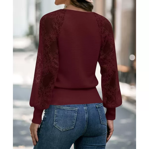 imageZESICA Womens 2024 Fall V Neck Lace Patchwork Solid Color Long Sleeve Casual Knit Pullover Sweater TopsWine