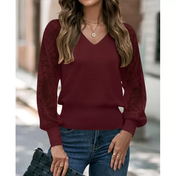 imageZESICA Womens 2024 Fall V Neck Lace Patchwork Solid Color Long Sleeve Casual Knit Pullover Sweater TopsWine