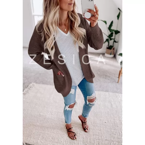 imageZESICA Womens 2024 Fall Winter Long Sleeve Open Front Casual Lightweight Soft Knit Cardigan Sweater OuterwearCoffee