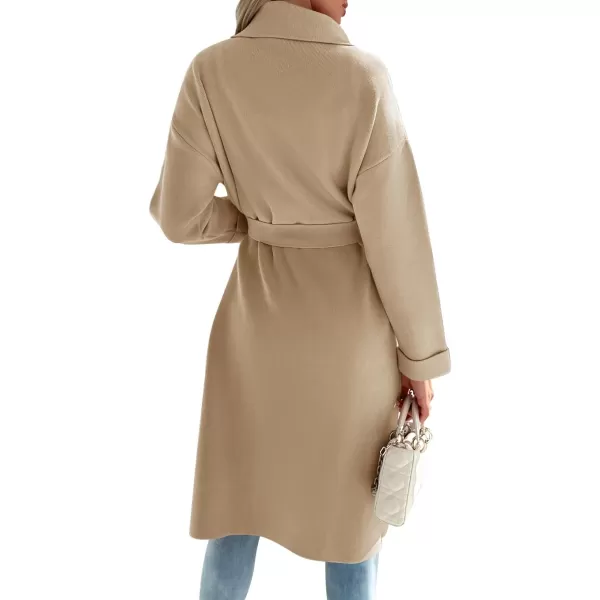 imageZESICA Womens 2024 Fall Winter Long Sleeve Open Front Knit Cardigan Lapel Button Down Belted Sweater Coat with PocketsKhaki