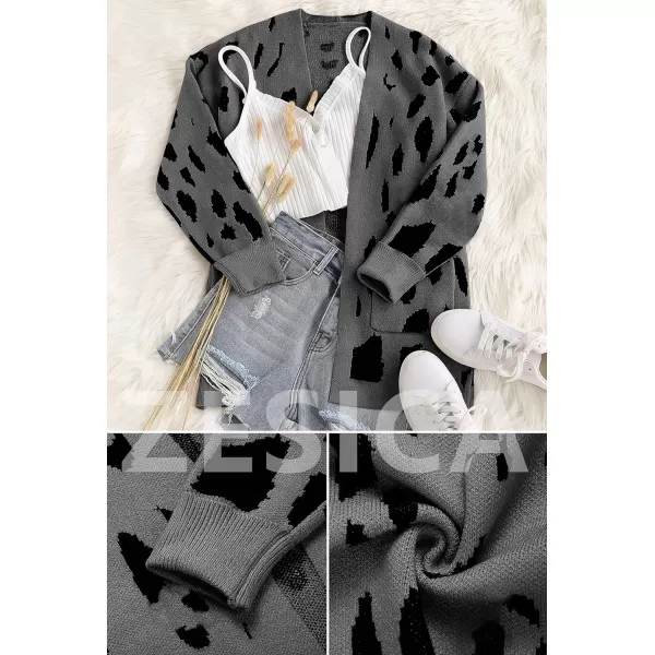 imageZESICA Womens 2024 Fall Winter Long Sleeves Open Front Leopard Print Knitted Sweater Cardigan Coat OutwearA Dark Grey