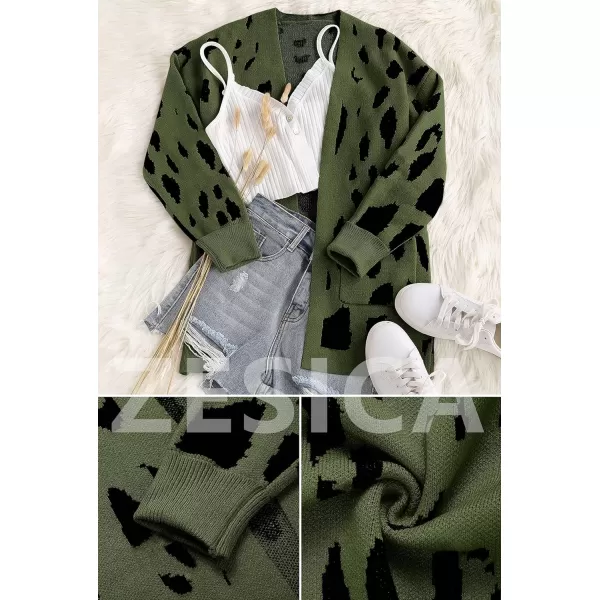 imageZESICA Womens 2024 Fall Winter Long Sleeves Open Front Leopard Print Knitted Sweater Cardigan Coat OutwearArmy Green