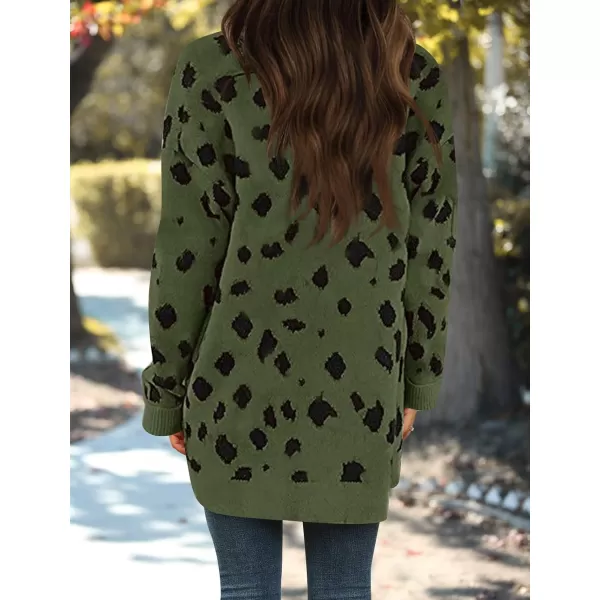 imageZESICA Womens 2024 Fall Winter Long Sleeves Open Front Leopard Print Knitted Sweater Cardigan Coat OutwearArmygreen