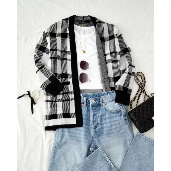 imageZESICA Womens 2024 Fall Winter Long Sleeves Open Front Leopard Print Knitted Sweater Cardigan Coat OutwearBlack Plaid