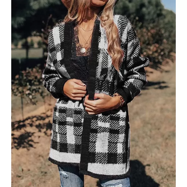 imageZESICA Womens 2024 Fall Winter Long Sleeves Open Front Leopard Print Knitted Sweater Cardigan Coat OutwearBlack Plaid