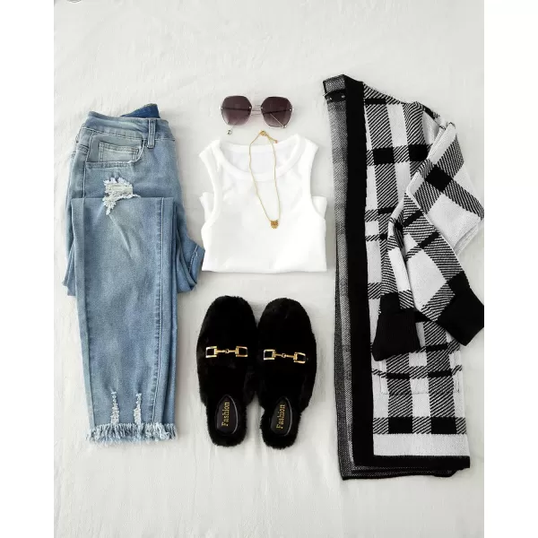 imageZESICA Womens 2024 Fall Winter Long Sleeves Open Front Leopard Print Knitted Sweater Cardigan Coat OutwearBlack Plaid