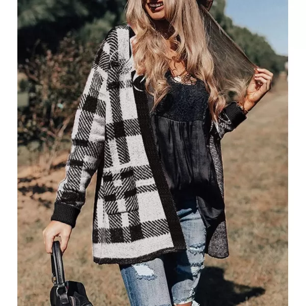 imageZESICA Womens 2024 Fall Winter Long Sleeves Open Front Leopard Print Knitted Sweater Cardigan Coat OutwearBlack Plaid