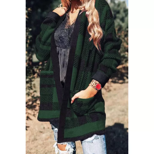 imageZESICA Womens 2024 Fall Winter Long Sleeves Open Front Leopard Print Knitted Sweater Cardigan Coat OutwearGreenplaid