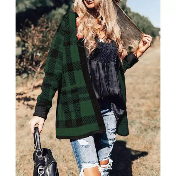 imageZESICA Womens 2024 Fall Winter Long Sleeves Open Front Leopard Print Knitted Sweater Cardigan Coat OutwearGreenplaid