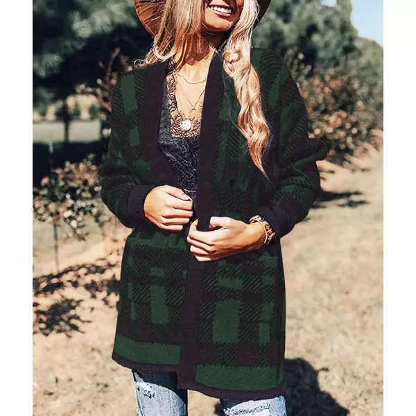 imageZESICA Womens 2024 Fall Winter Long Sleeves Open Front Leopard Print Knitted Sweater Cardigan Coat OutwearGreenplaid