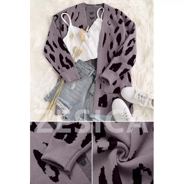 imageZESICA Womens 2024 Fall Winter Long Sleeves Open Front Leopard Print Knitted Sweater Cardigan Coat OutwearPurple