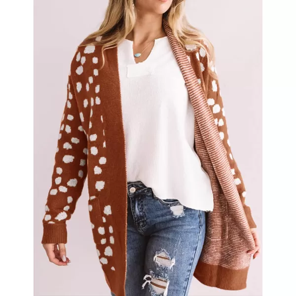 imageZESICA Womens 2024 Fall Winter Long Sleeves Open Front Leopard Print Knitted Sweater Cardigan Coat OutwearRed Brown