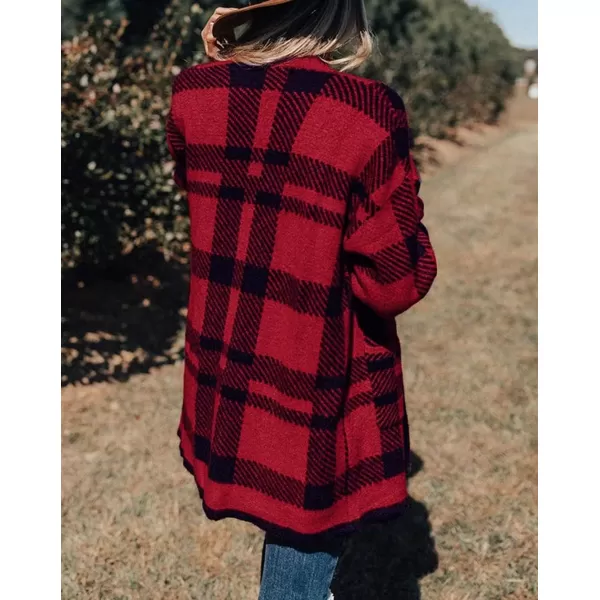 imageZESICA Womens 2024 Fall Winter Long Sleeves Open Front Leopard Print Knitted Sweater Cardigan Coat OutwearRed Plaid
