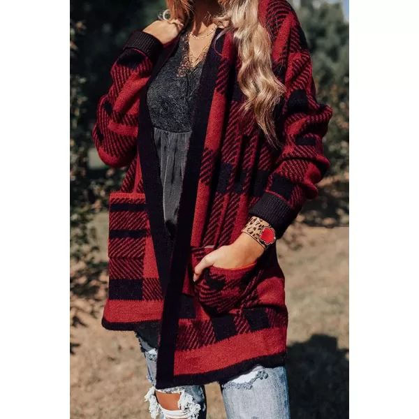 imageZESICA Womens 2024 Fall Winter Long Sleeves Open Front Leopard Print Knitted Sweater Cardigan Coat OutwearRed Plaid