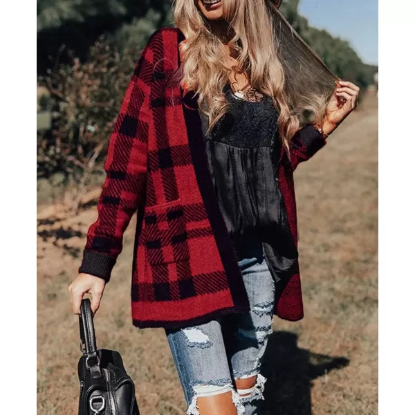 imageZESICA Womens 2024 Fall Winter Long Sleeves Open Front Leopard Print Knitted Sweater Cardigan Coat OutwearRed Plaid