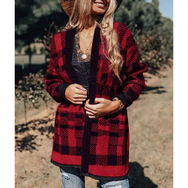 imageZESICA Womens 2024 Fall Winter Long Sleeves Open Front Leopard Print Knitted Sweater Cardigan Coat OutwearRed Plaid