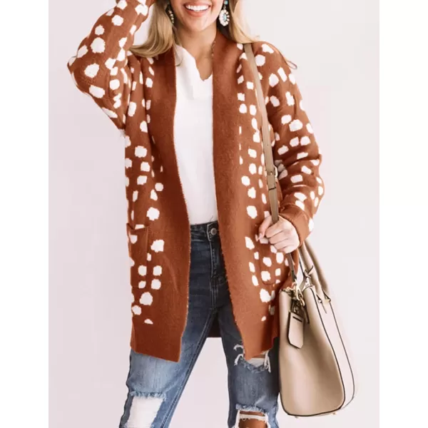 imageZESICA Womens 2024 Fall Winter Long Sleeves Open Front Leopard Print Knitted Sweater Cardigan Coat OutwearRedbrown