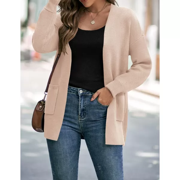 imageZESICA Womens 2024 Fall Winter Long Sleeves Open Front Leopard Print Knitted Sweater Cardigan Coat OutwearSolid Beige