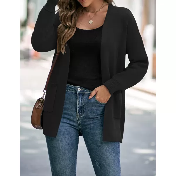 imageZESICA Womens 2024 Fall Winter Long Sleeves Open Front Leopard Print Knitted Sweater Cardigan Coat OutwearSolid Black