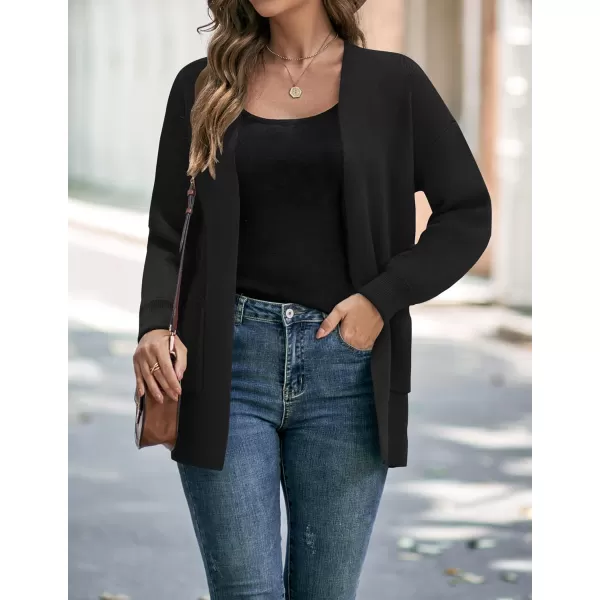 imageZESICA Womens 2024 Fall Winter Long Sleeves Open Front Leopard Print Knitted Sweater Cardigan Coat OutwearSolid Black
