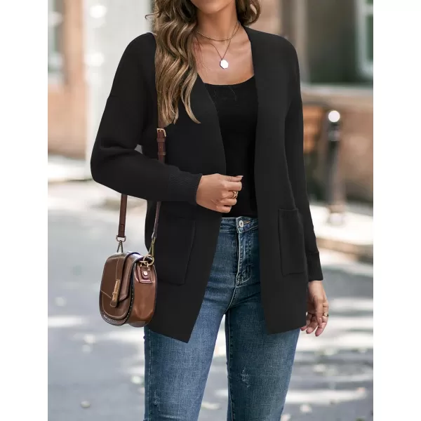 imageZESICA Womens 2024 Fall Winter Long Sleeves Open Front Leopard Print Knitted Sweater Cardigan Coat OutwearSolid Black