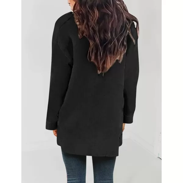 imageZESICA Womens 2024 Fall Winter Long Sleeves Open Front Leopard Print Knitted Sweater Cardigan Coat OutwearSolid Black