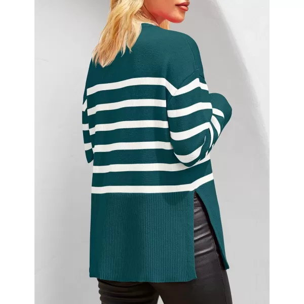imageZESICA Womens 2024 Fall Winter Striped Sweaters Long Sleeve Crew Neck Ribbed Knit Side Slit Oversized Pullover Sweater TopsDarkgreen