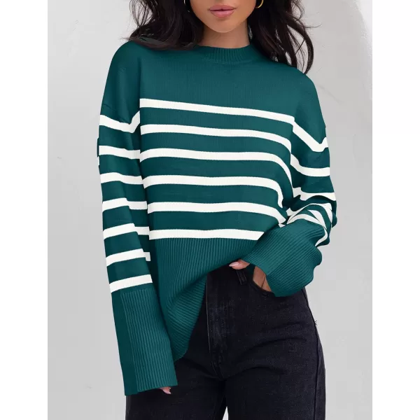 imageZESICA Womens 2024 Fall Winter Striped Sweaters Long Sleeve Crew Neck Ribbed Knit Side Slit Oversized Pullover Sweater TopsDarkgreen