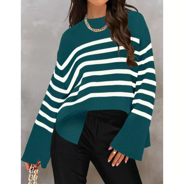 imageZESICA Womens 2024 Fall Winter Striped Sweaters Long Sleeve Crew Neck Ribbed Knit Side Slit Oversized Pullover Sweater TopsDarkgreen