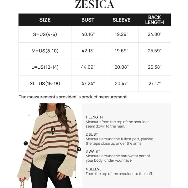 imageZESICA Womens 2024 Fall Winter Striped Sweaters Long Sleeve Crew Neck Ribbed Knit Side Slit Oversized Pullover Sweater TopsLightcoffee