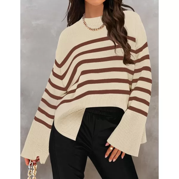 imageZESICA Womens 2024 Fall Winter Striped Sweaters Long Sleeve Crew Neck Ribbed Knit Side Slit Oversized Pullover Sweater TopsLightcoffee