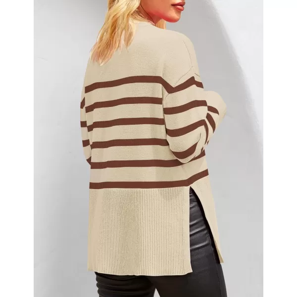 imageZESICA Womens 2024 Fall Winter Striped Sweaters Long Sleeve Crew Neck Ribbed Knit Side Slit Oversized Pullover Sweater TopsLightcoffee