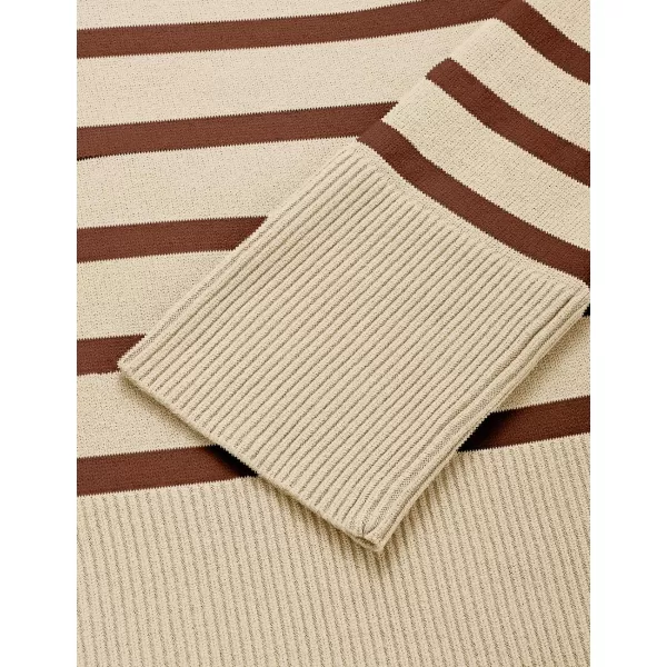 imageZESICA Womens 2024 Fall Winter Striped Sweaters Long Sleeve Crew Neck Ribbed Knit Side Slit Oversized Pullover Sweater TopsLightcoffee