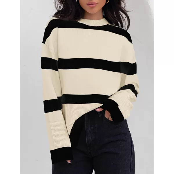 imageZESICA Womens 2024 Fall Winter Striped Sweaters Long Sleeve Crew Neck Ribbed Knit Side Slit Oversized Pullover Sweater TopsNatural
