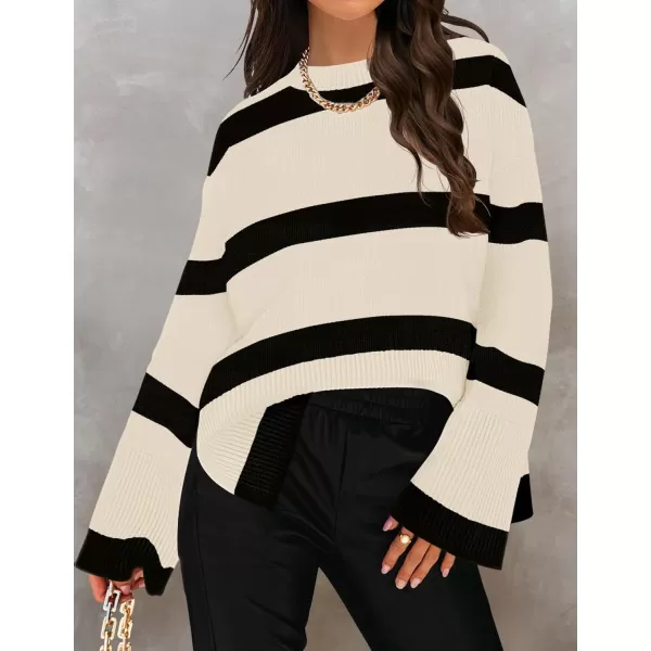 imageZESICA Womens 2024 Fall Winter Striped Sweaters Long Sleeve Crew Neck Ribbed Knit Side Slit Oversized Pullover Sweater TopsNatural