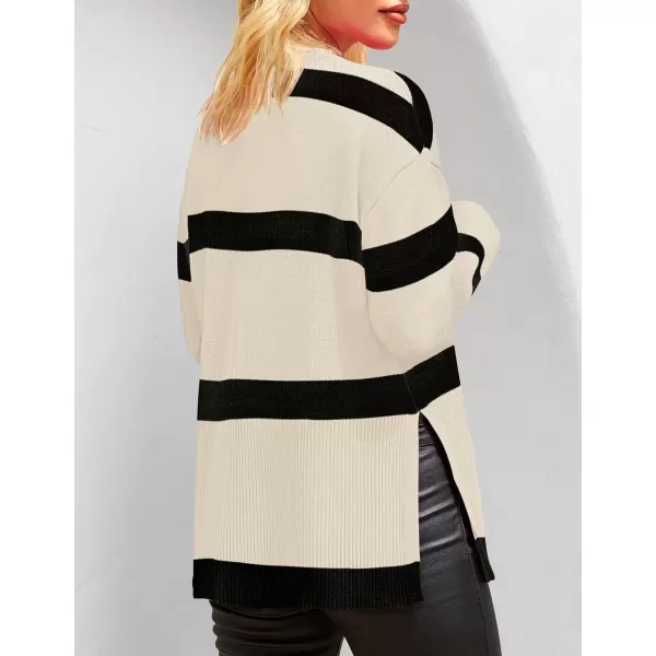 imageZESICA Womens 2024 Fall Winter Striped Sweaters Long Sleeve Crew Neck Ribbed Knit Side Slit Oversized Pullover Sweater TopsNatural