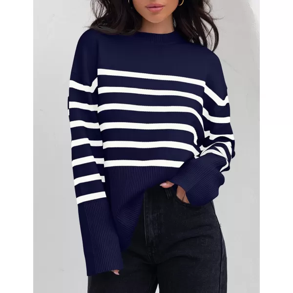 imageZESICA Womens 2024 Fall Winter Striped Sweaters Long Sleeve Crew Neck Ribbed Knit Side Slit Oversized Pullover Sweater TopsNavy