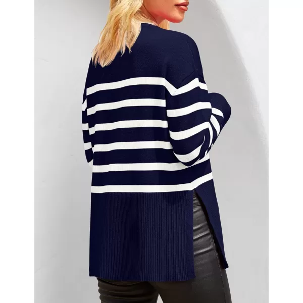imageZESICA Womens 2024 Fall Winter Striped Sweaters Long Sleeve Crew Neck Ribbed Knit Side Slit Oversized Pullover Sweater TopsNavy