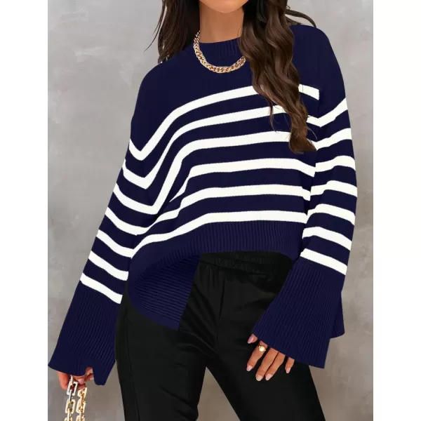imageZESICA Womens 2024 Fall Winter Striped Sweaters Long Sleeve Crew Neck Ribbed Knit Side Slit Oversized Pullover Sweater TopsNavy