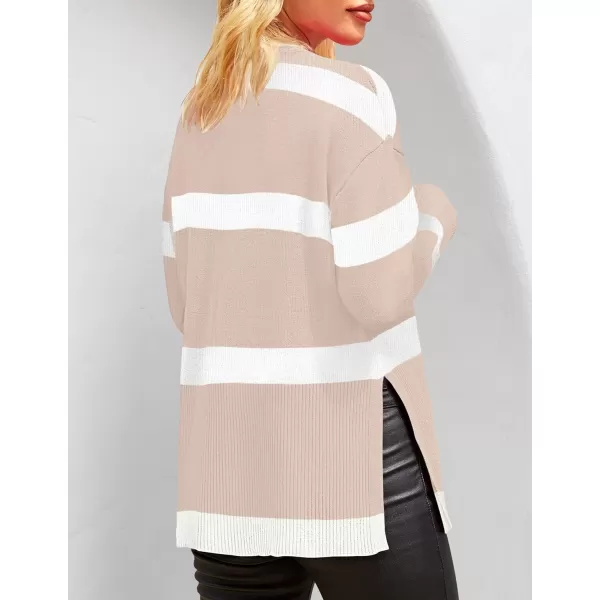 imageZESICA Womens 2024 Fall Winter Striped Sweaters Long Sleeve Crew Neck Ribbed Knit Side Slit Oversized Pullover Sweater TopsSand