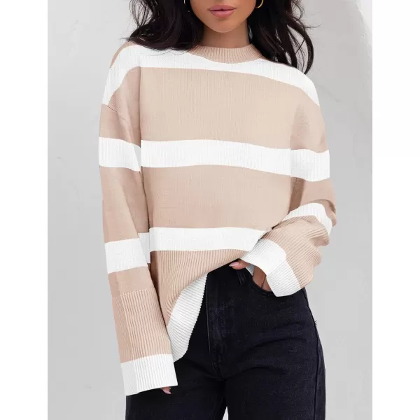 imageZESICA Womens 2024 Fall Winter Striped Sweaters Long Sleeve Crew Neck Ribbed Knit Side Slit Oversized Pullover Sweater TopsSand