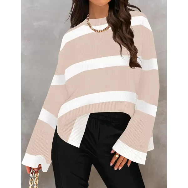 imageZESICA Womens 2024 Fall Winter Striped Sweaters Long Sleeve Crew Neck Ribbed Knit Side Slit Oversized Pullover Sweater TopsSand