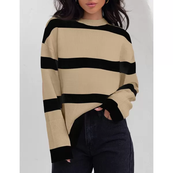 imageZESICA Womens 2024 Fall Winter Striped Sweaters Long Sleeve Crew Neck Ribbed Knit Side Slit Oversized Pullover Sweater TopsTan